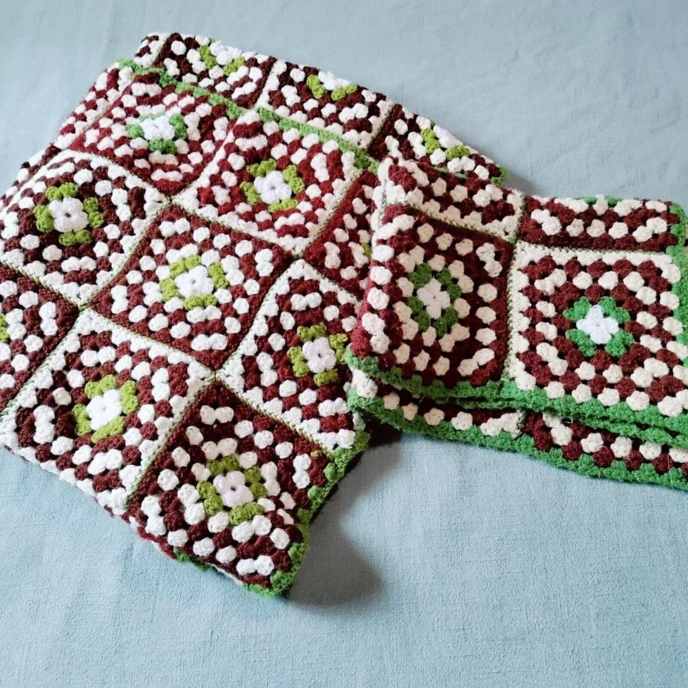 Handmade Granny Square Floral Crochet Afghan Blanket Brown Green Rectangle Throw